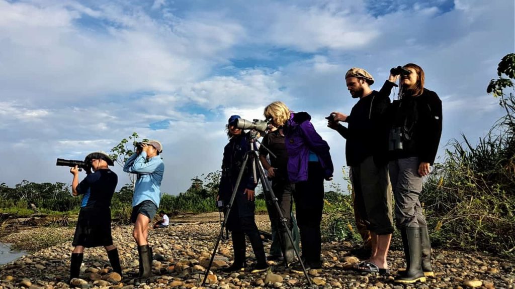 Travelers on a guided tour admire the nature in the Amazon Jungle, n the riverbanks of the Madre de Dios River